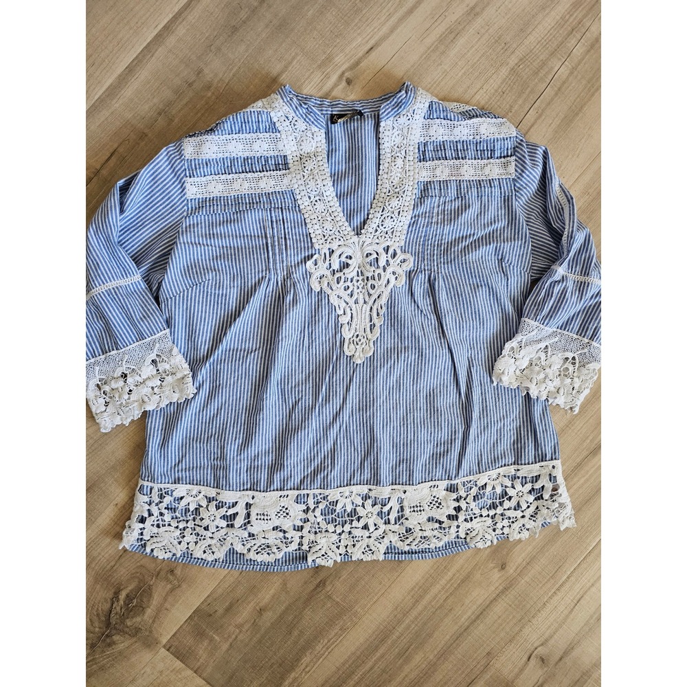 Kanishka Blue White Striped Cotton Lace Trim Boho Blouse Top Womens XL